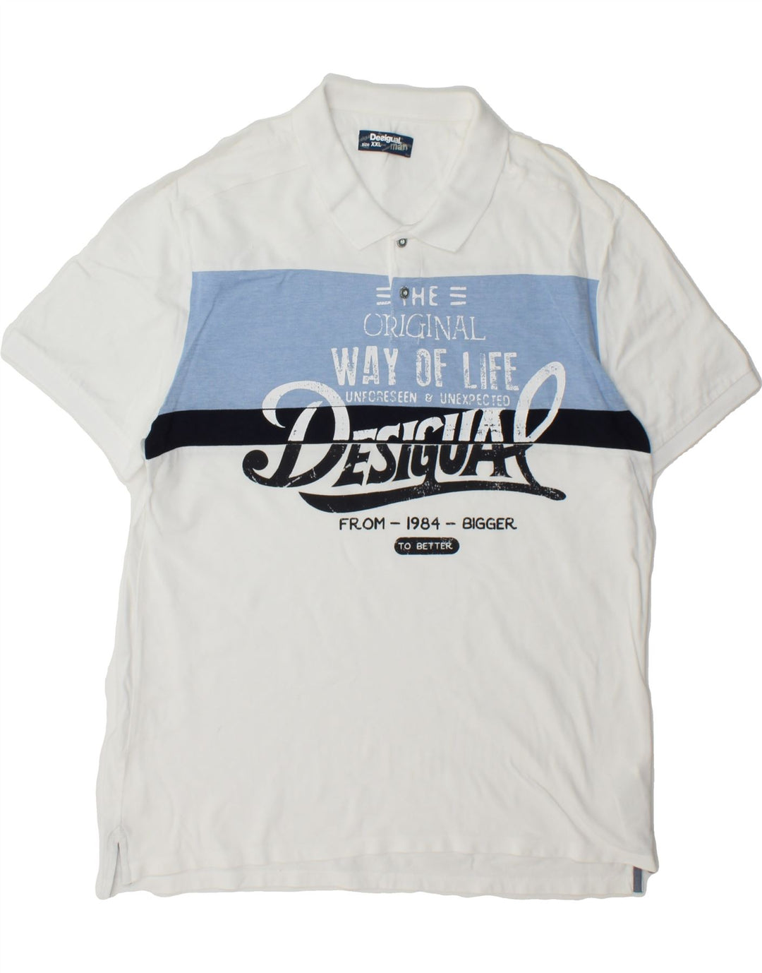 DESIGUAL Mens Graphic Polo Shirt 2XL White Cotton Vintage Desigual and Second-Hand Desigual from Messina Hembry 