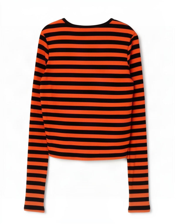 Killstar Womens Crop Top Long Sleeve UK 8 Small Orange Striped Cotton