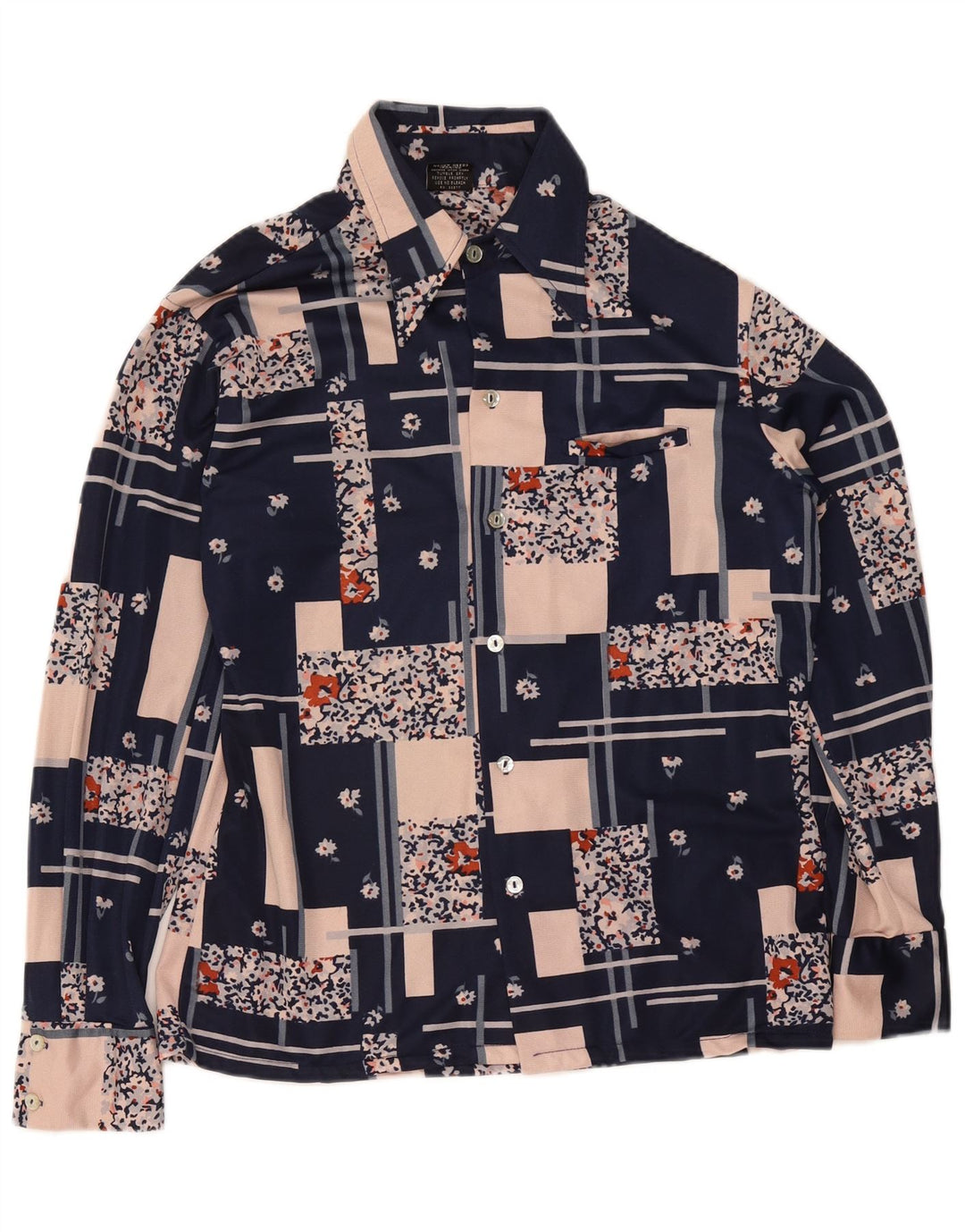 Vintage dameskjortebluse UK 14 Mellem marineblå patchwork