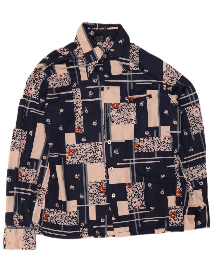 Vintage dameskjortebluse UK 14 Mellem marineblå patchwork