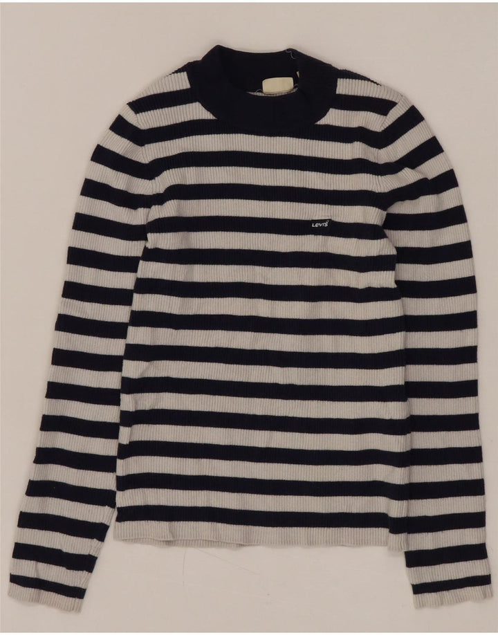 Levi's Womens Crop Crew Neck Jumper Sweater UK 8 Small Navy Blue Striped
