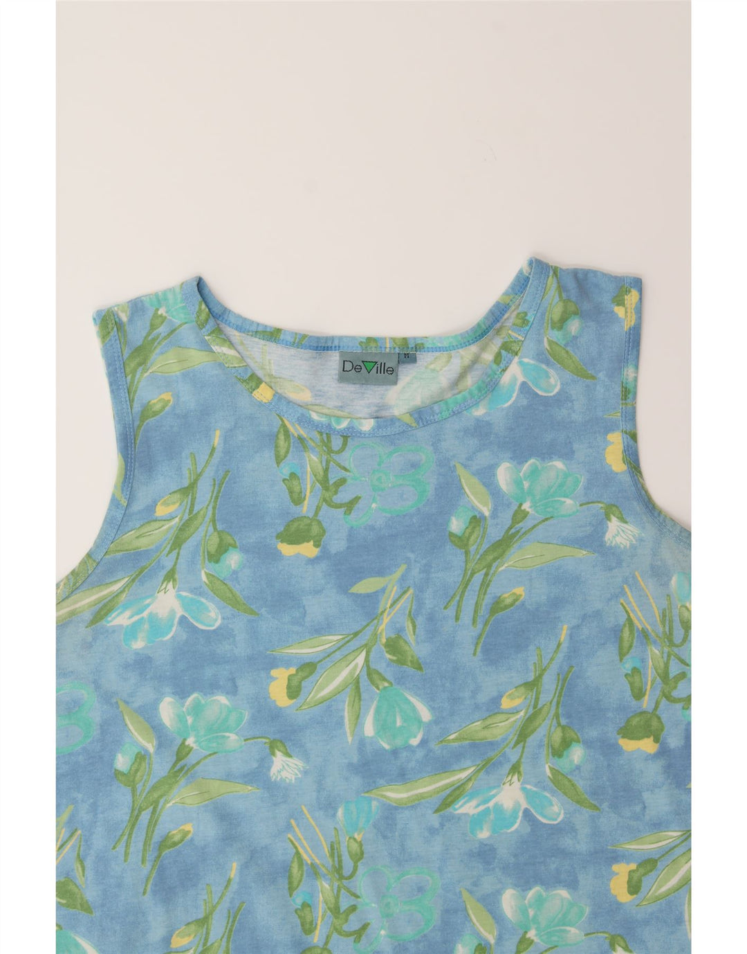 DE VILLE Womens Vest Top UK 14 Medium Blue Floral Cotton Vintage De Ville and Second-Hand De Ville from Messina Hembry 