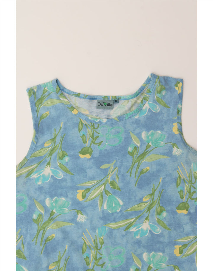 DE VILLE Womens Vest Top UK 14 Medium Blue Floral Cotton Vintage De Ville and Second-Hand De Ville from Messina Hembry 