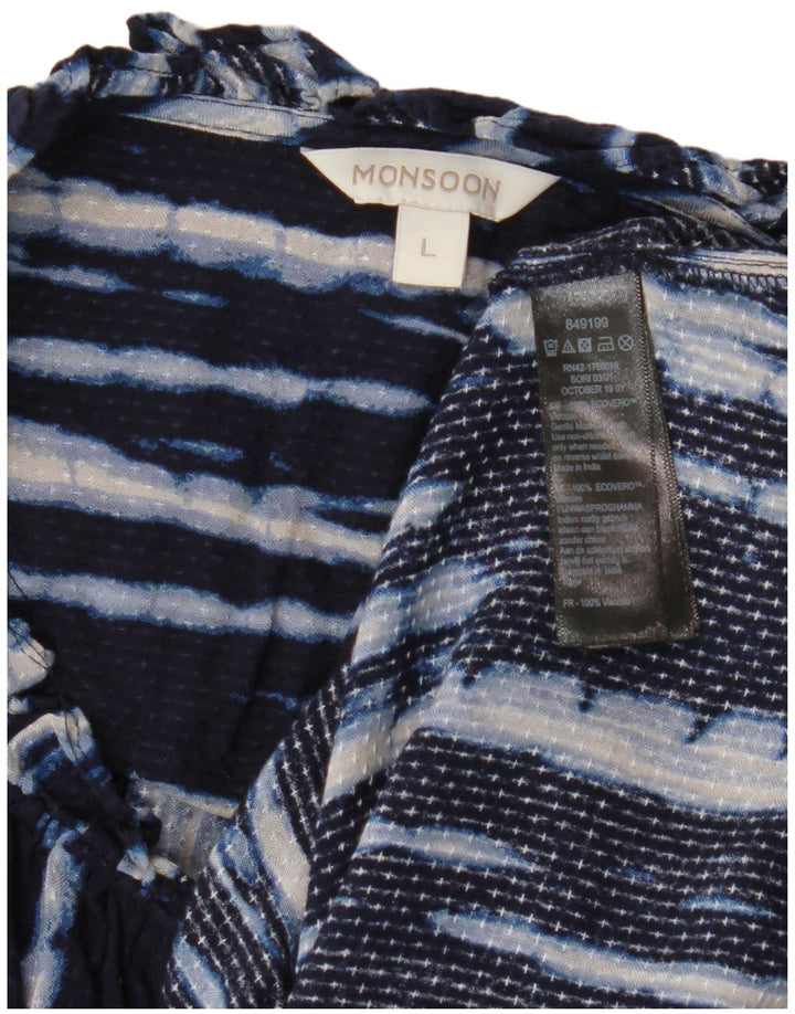Monsoon kvinders abstrakt mønster bluse Top UK 14 Stor marineblå viskose
