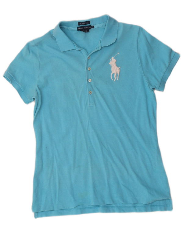 Ralph Lauren Dame Skinny Polo Shirt UK 14 Large Blue Cotton