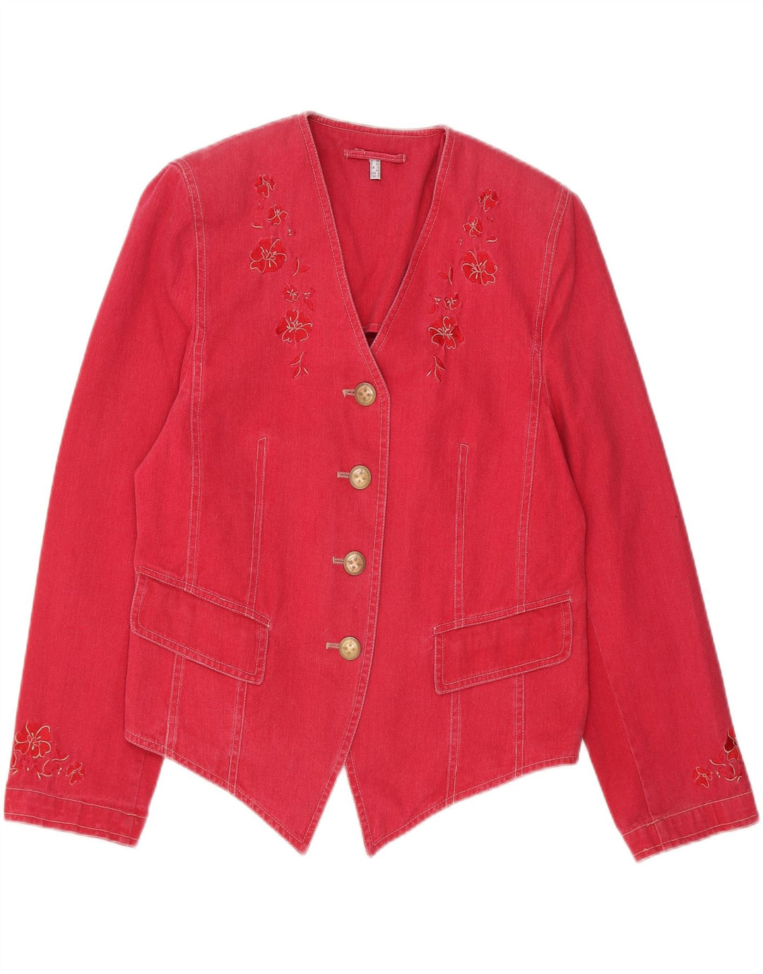 VINTAGE Womens Denim 4 Button Blazer Jacket UK 12 Medium  Red Floral Vintage Vintage and Second-Hand Vintage from Messina Hembry 
