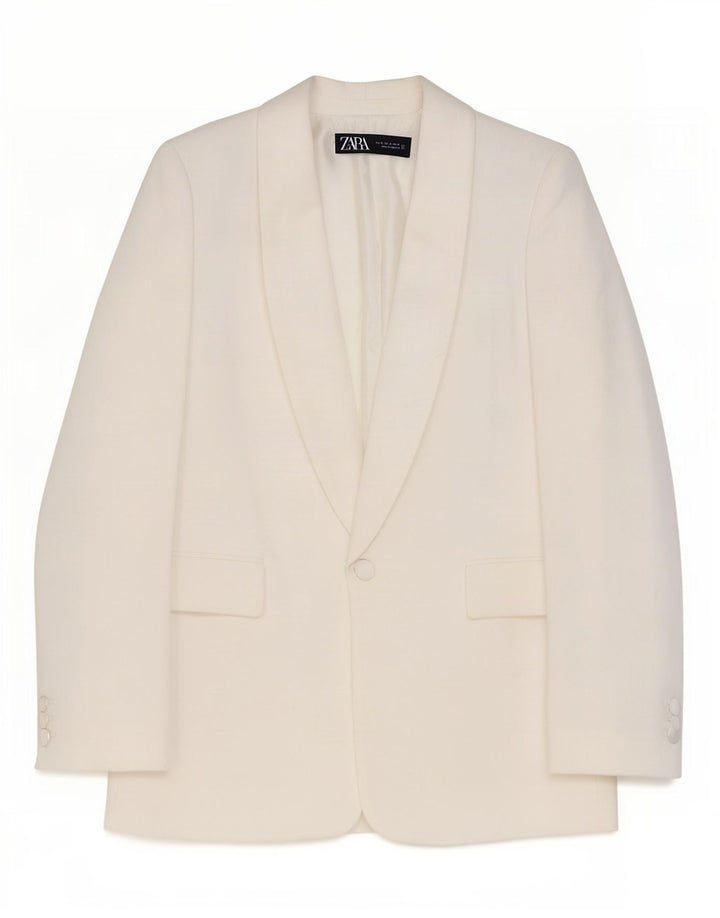 Zara Dame Oversized 1 Knap Blazer Jakke UK 6 XS Hvid Viscose