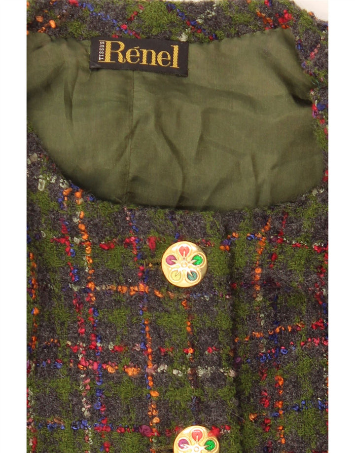 Vintage Dame Crop 5 Button Blazer Jacket UK 14 Medium Green Check