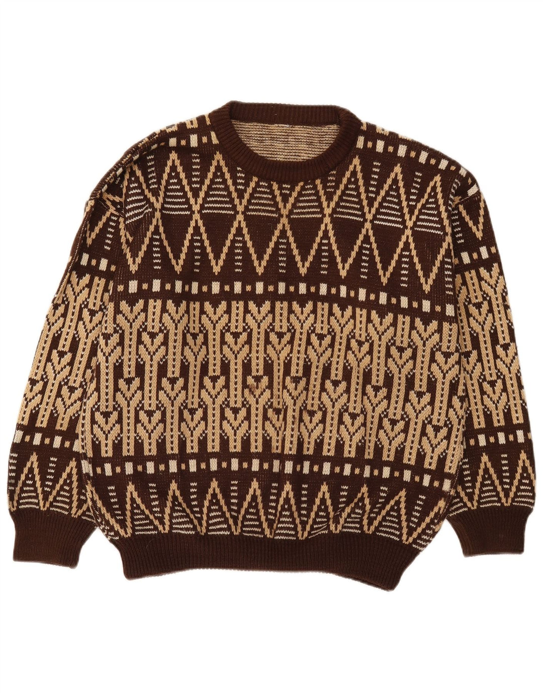 Vintage herre sweater med rund hals, stor brun Fair Isle