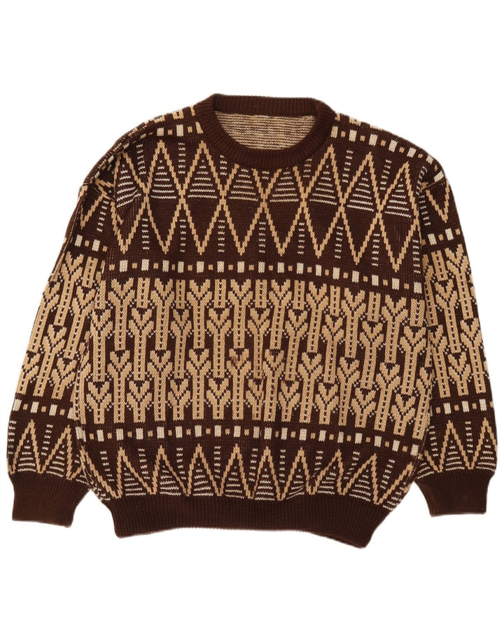 Vintage herre sweater med rund hals, stor brun Fair Isle