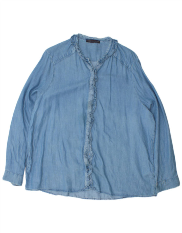 Marks & Spencer Dame Flæse Front Shirt UK 20 2XL Blå Bomuld