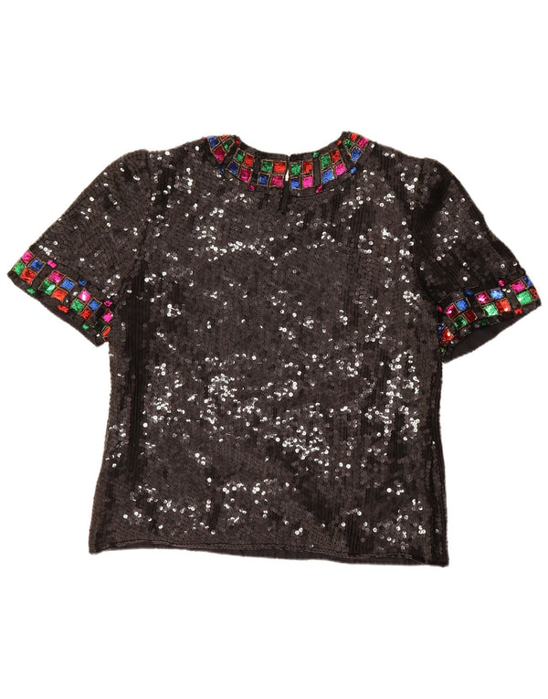 Vintage Dame Pailletbluse Top UK 16 Stor Sort Silke