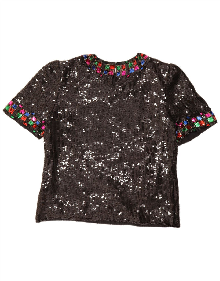 Vintage Dame Pailletbluse Top UK 16 Stor Sort Silke
