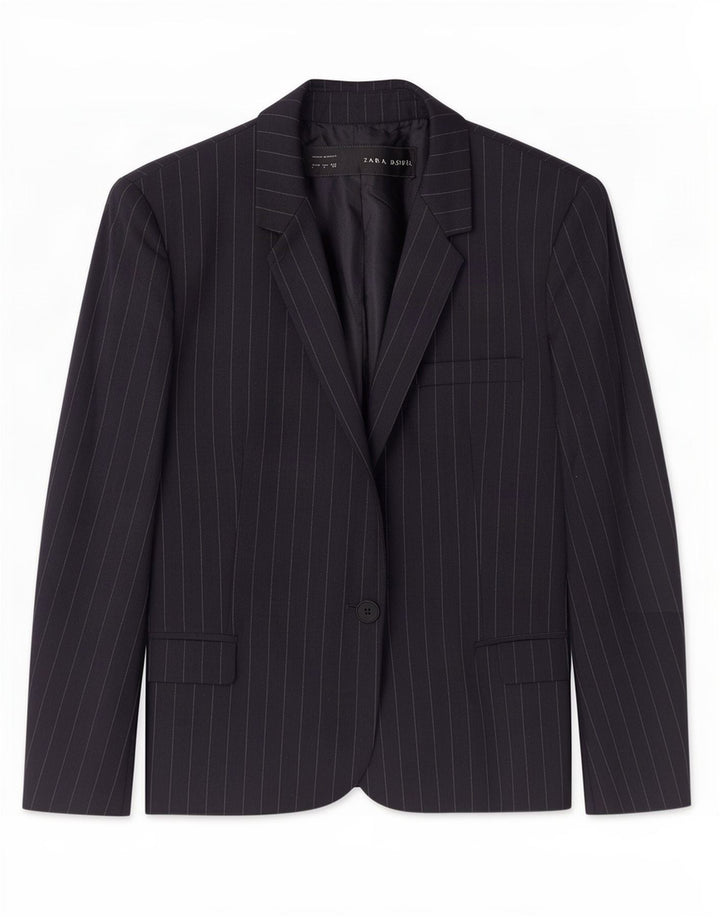 Zara Dame 1 Knap Blazer Jacket UK 14 Large Navy Blue Pinstripe