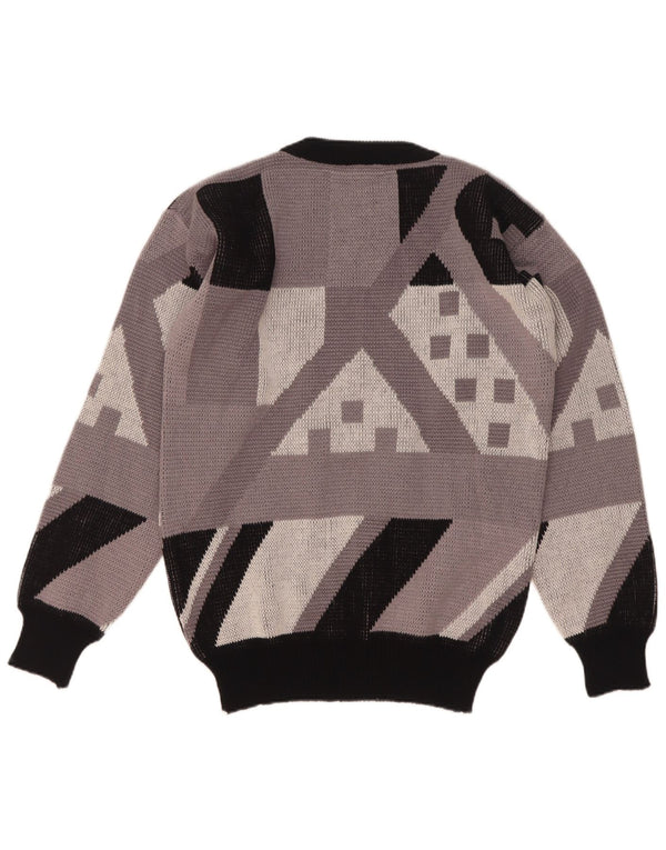 Vintage herre rund hals sweater IT 48 Medium grå geometrisk akryl