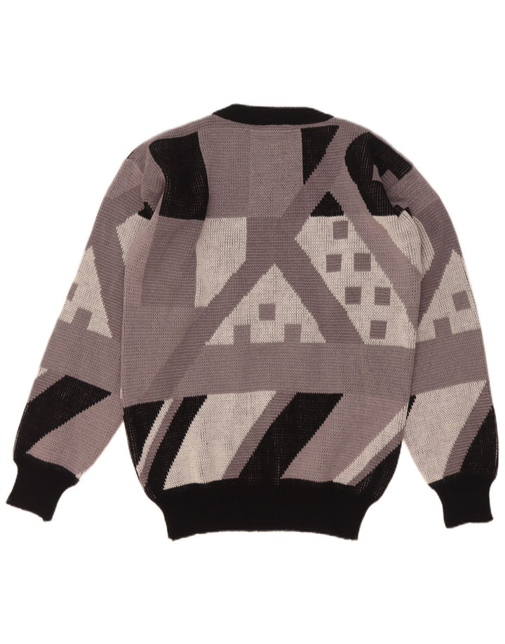 Vintage herre rund hals sweater IT 48 Medium grå geometrisk akryl