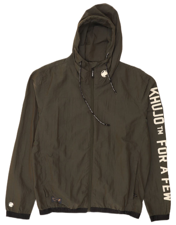 KHUJO Grafisk regnjakke med hætte til mænd UK 42 XL Khaki Colourblock Polyester