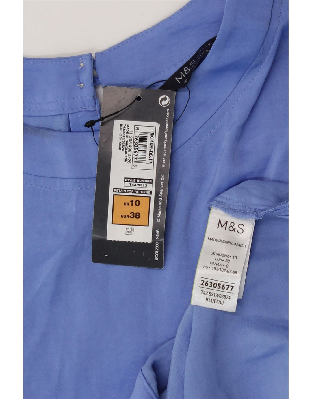 Marks & Spencer Dame Kortærmet Bluse Top UK 10 Small Blue Polyester