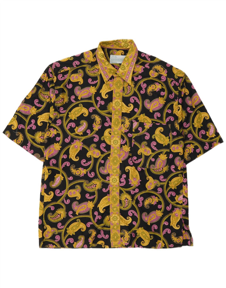 Vintage kortærmet herreskjorte medium sort Paisley bomuld