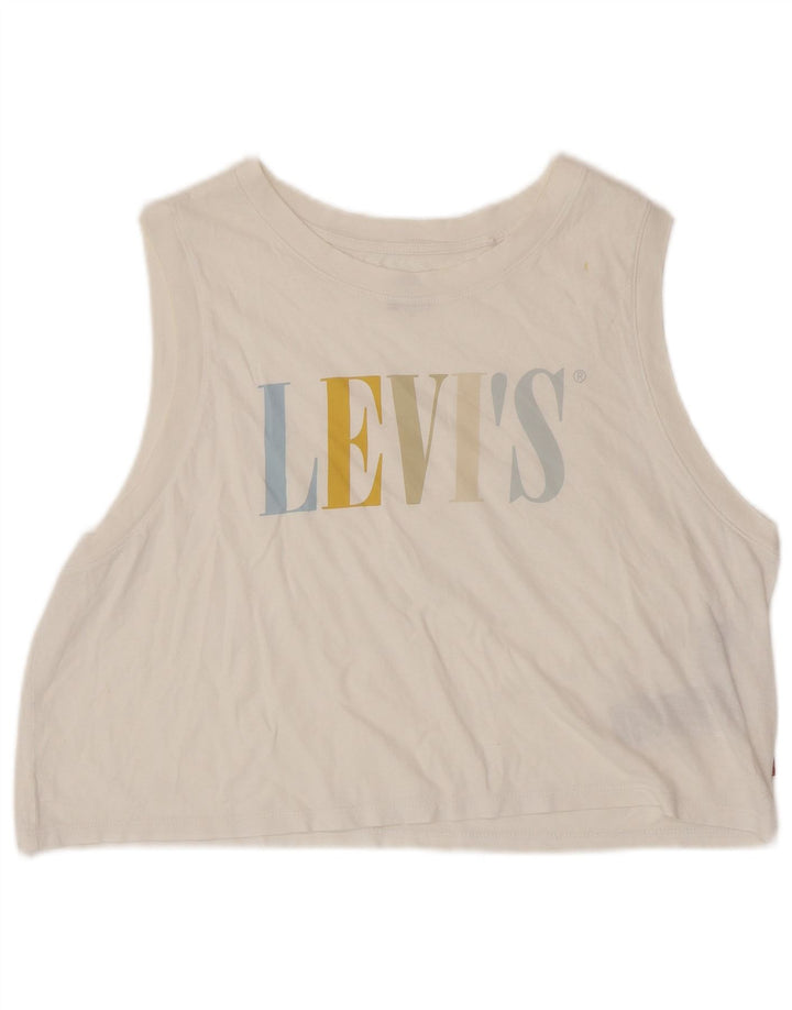 LEVI'S Dame Crop Grafisk Vest Top UK 16 Stor Hvid Bomuld