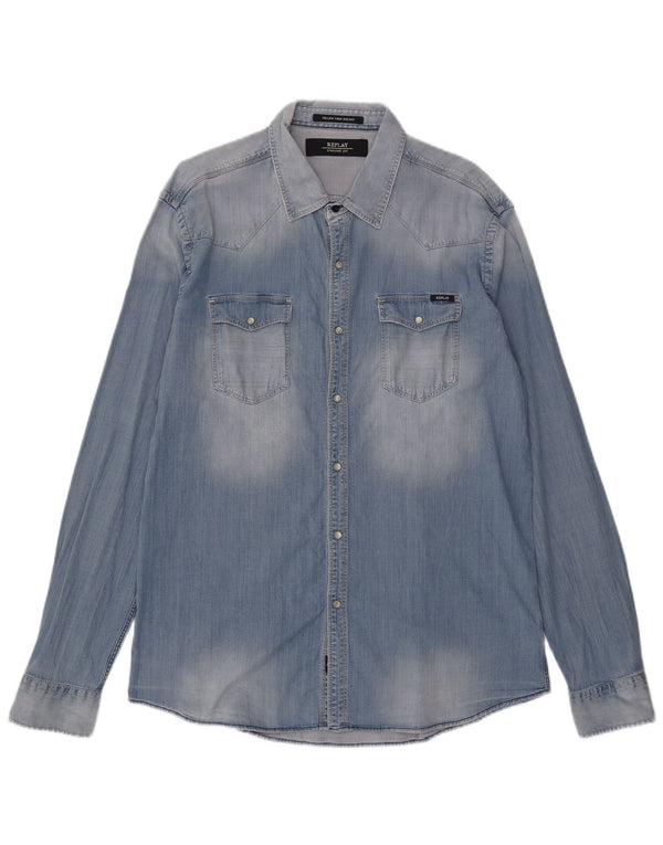 Replay Herre Acid Wash Denim Shirt 2XL Blå