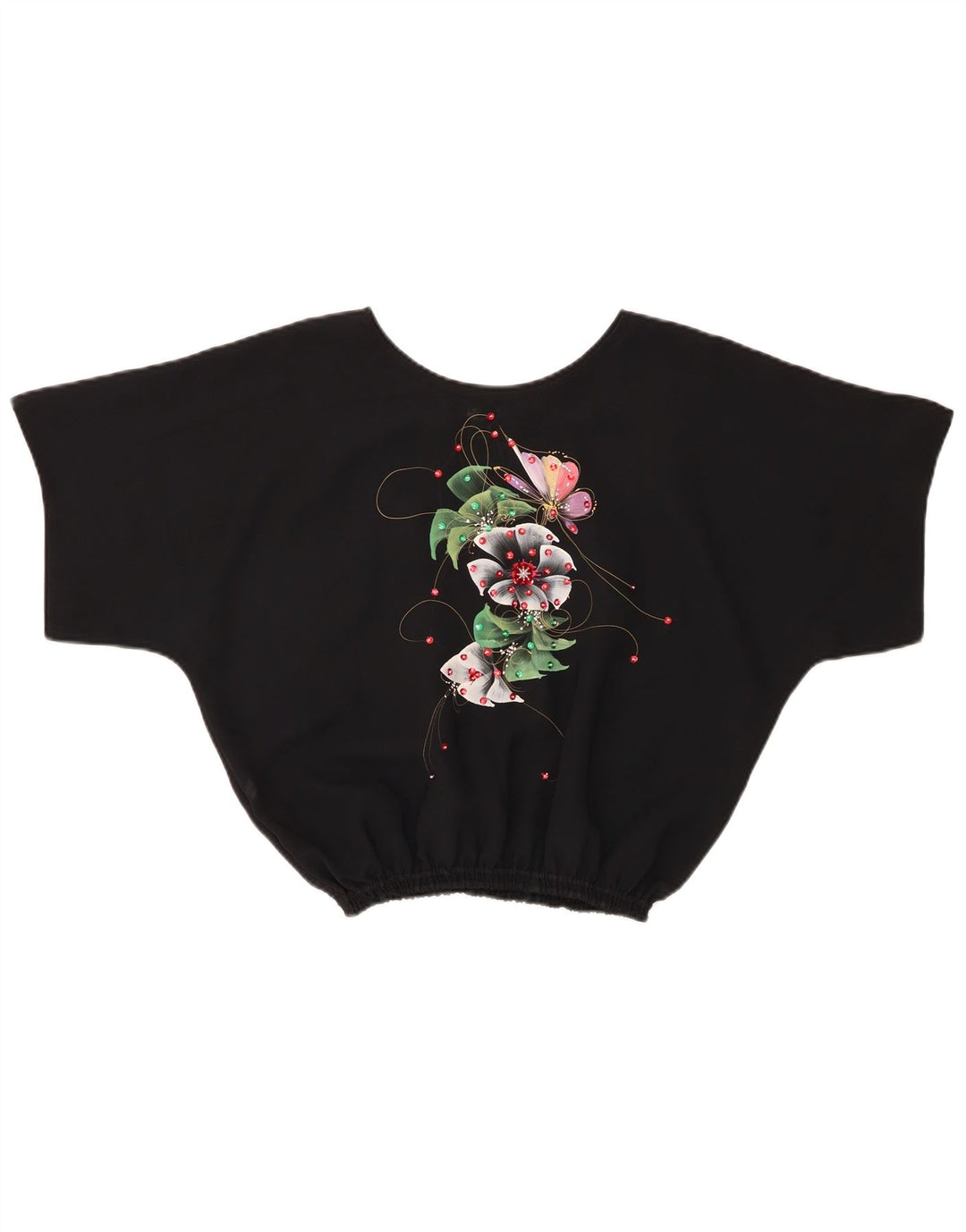 Vintage Dame Crop Bluse Top UK 14 Medium Black Floral