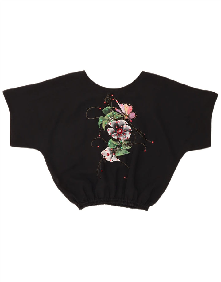 Vintage Dame Crop Bluse Top UK 14 Medium Black Floral