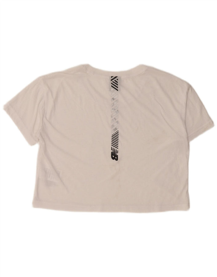 NEW BALANCE Dame Crop Grafisk T-Shirt Top UK 10 Small White Bomuld