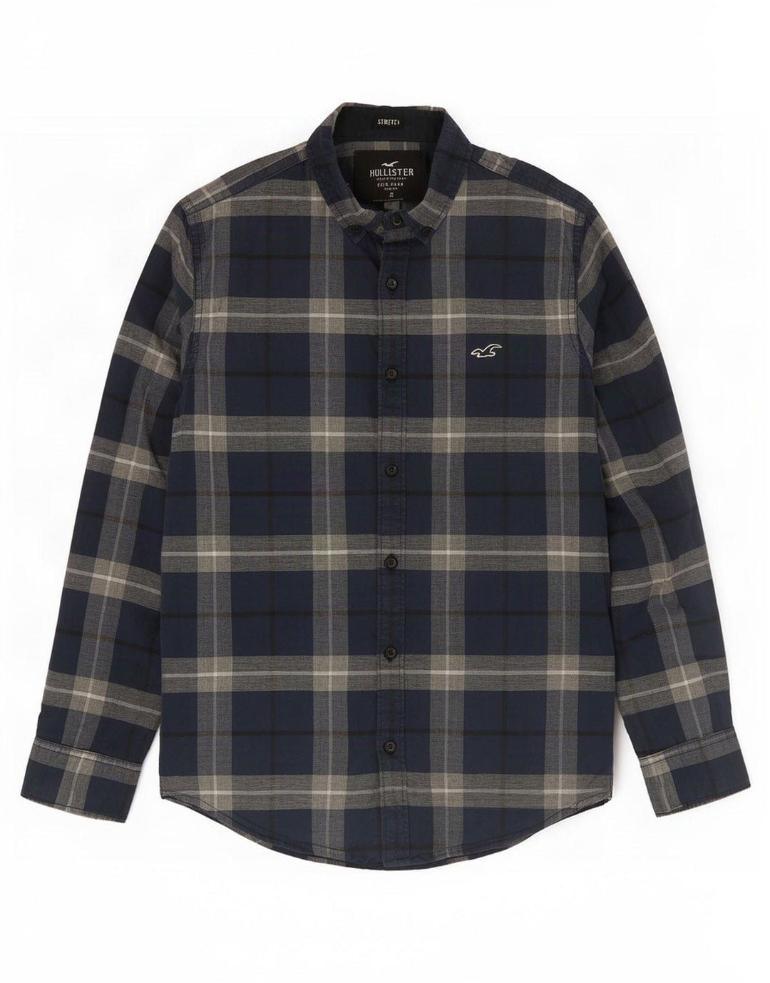 Hollister Stretch-skjorte til mænd, lille marineblå plaid bomuld