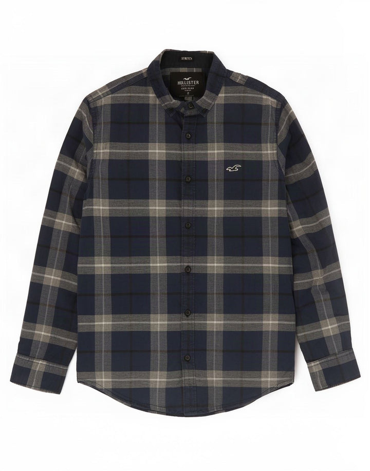 Hollister Stretch-skjorte til mænd, lille marineblå plaid bomuld