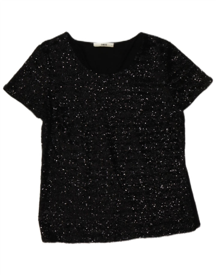 Oasis Dame Pailletbluse Top UK 12 Medium Sort Viscose