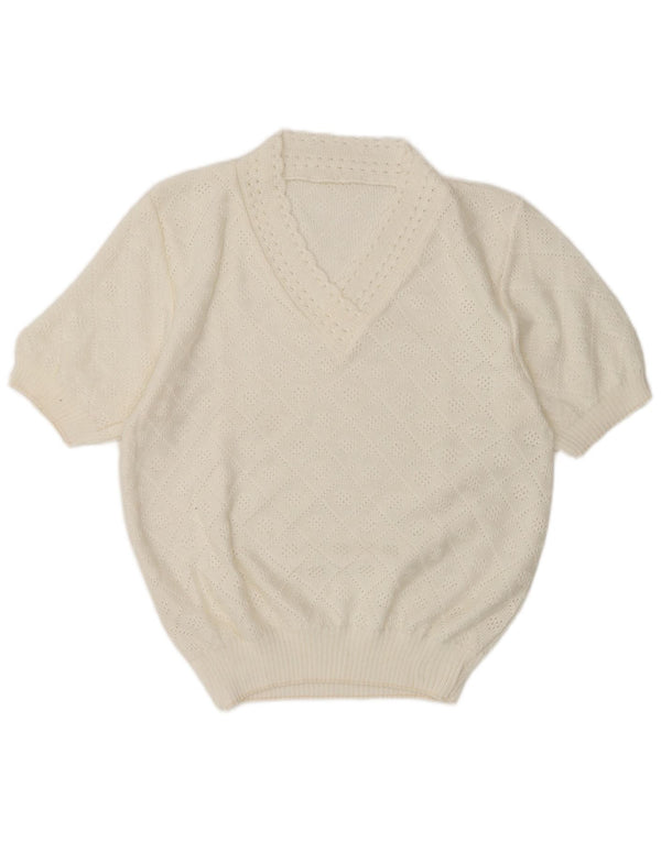 Vintage Dame Kortærmet V-hals Jumper Sweater UK 14 Medium White