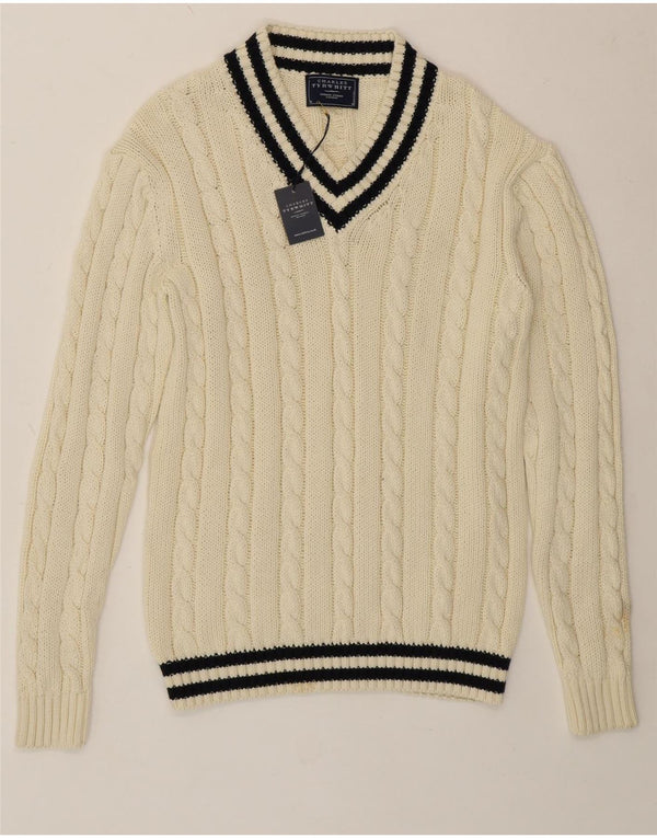 Charles Tyrwhitt Herre V-hals sweater Medium Off White Stribet bomuld