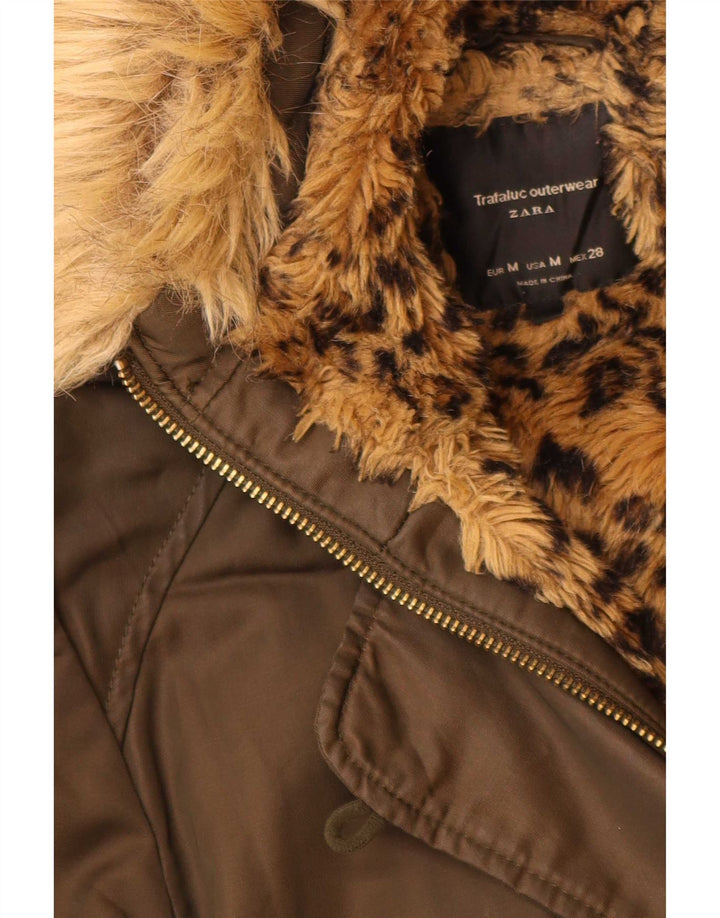 Zara Dame Trafaluc Hooded Parka Jacket UK 14 Medium Khaki Polyester