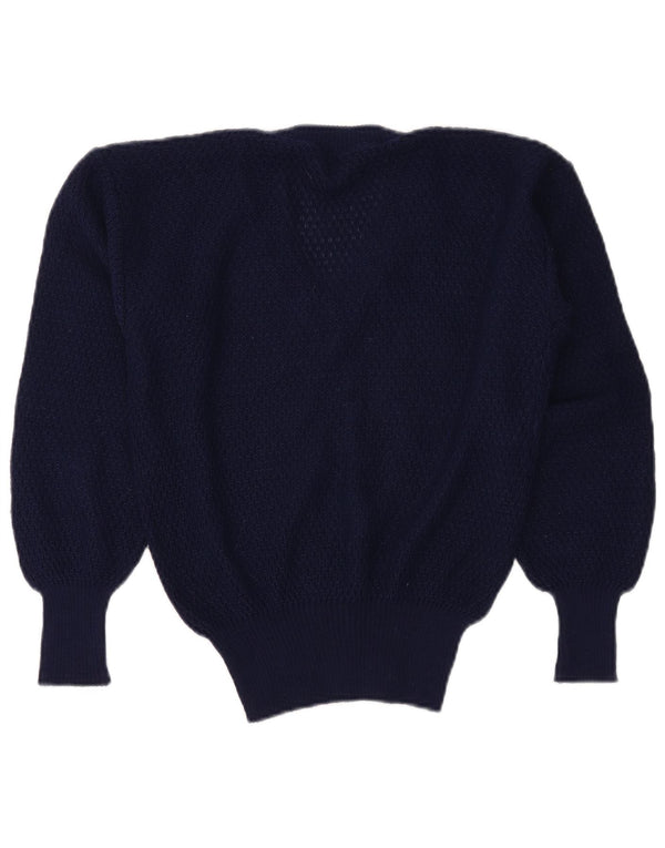 VINTAGE Dame V-hals sweater IT 46 Stor marineblå akryl