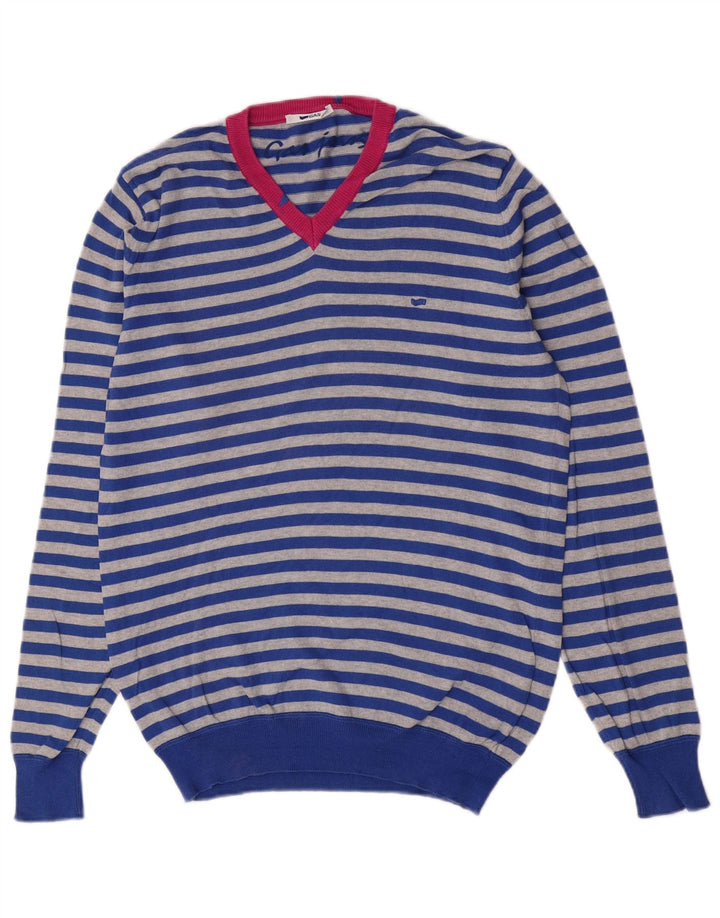 Gas Herre V-hals sweater mellemblå stribet bomuld