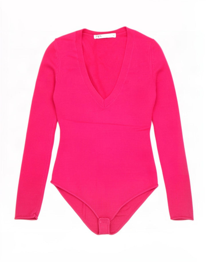 Zara Womens Knit Bodysuit UK 8 Small Pink Viscose