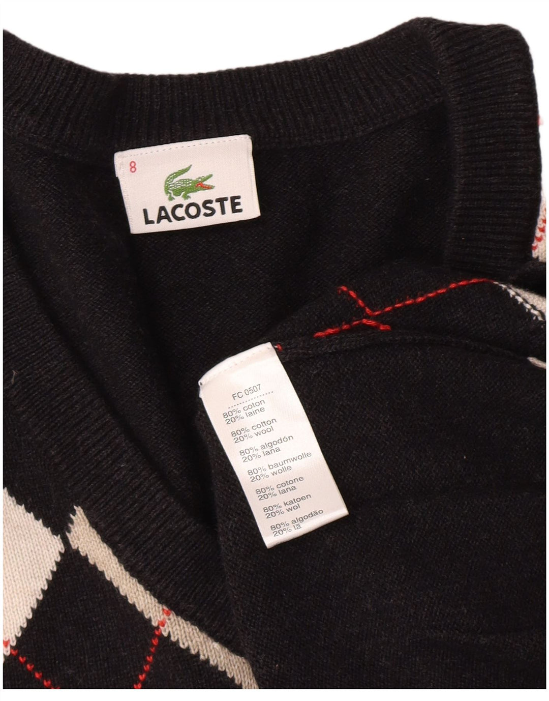 LACOSTE Herre V-hals sweater Størrelse 8 3XL Sort Argyle/Diamant Bomuld