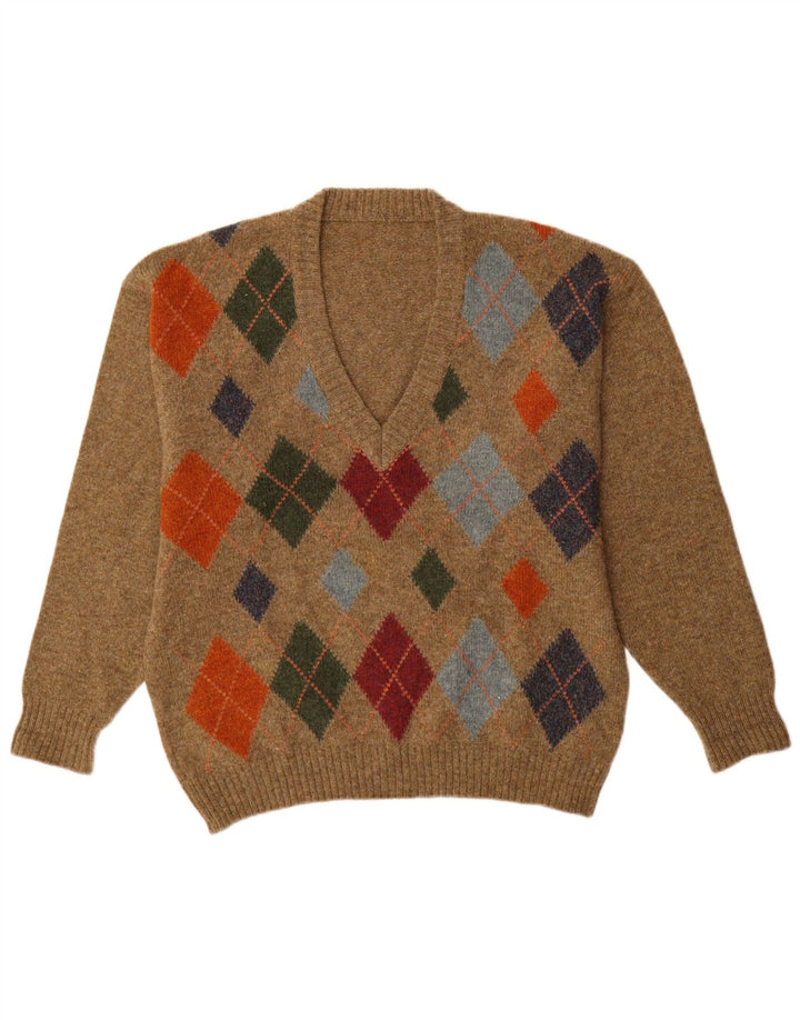 Vintage Herre V-hals sweater Medium Brun Argyle/Diamond
