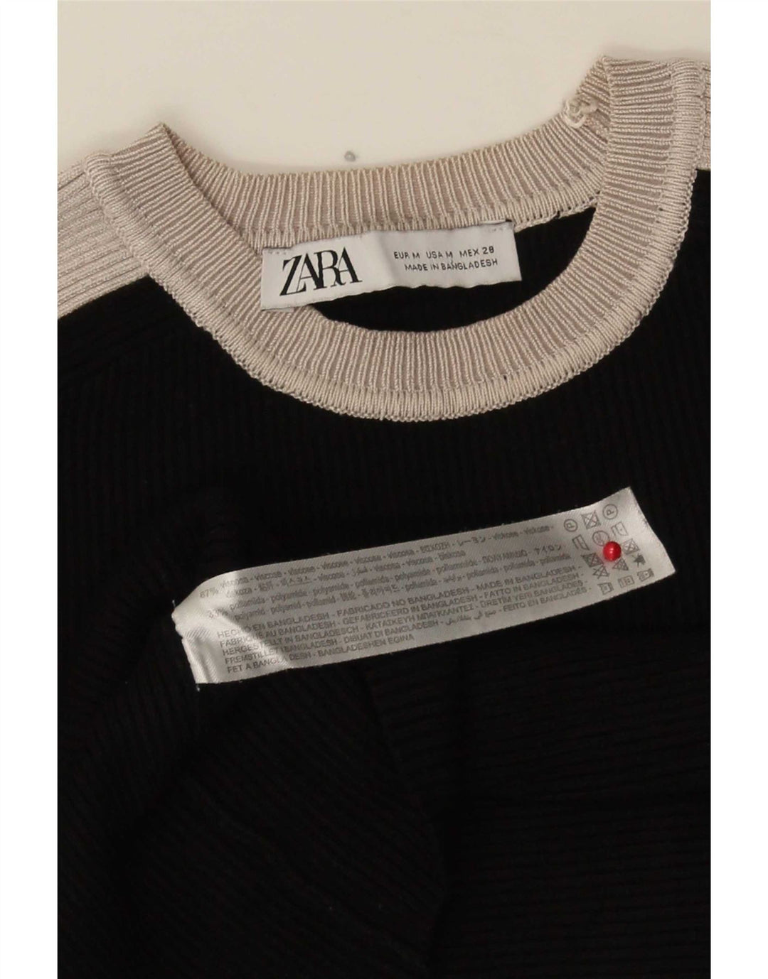 Zara Langærmet Crop Bluse Top UK 12 Medium Sort Colourblock