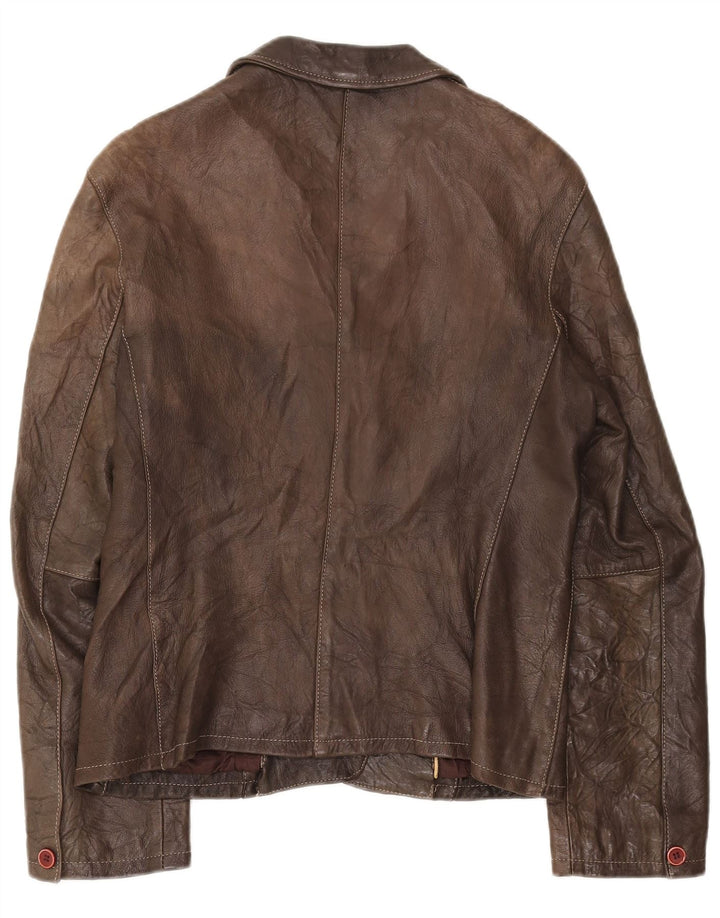 BARONE Womens 3 Button Leather Blazer Jacket UK 14 Medium Brown Leather