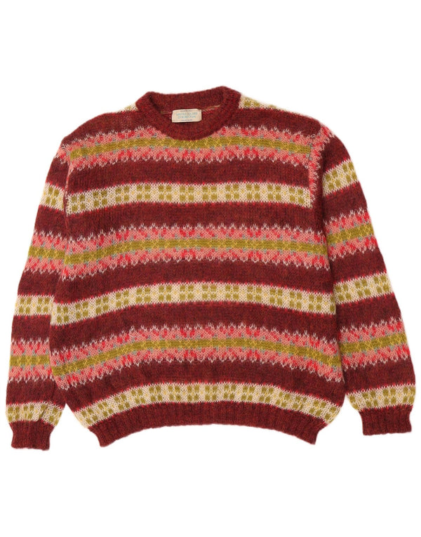 Benetton Herre Crew Neck Jumper Sweater Medium Burgundy Stribet Mohair Retro