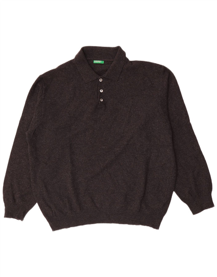 Benetton Herre Polo Neck Jumper Sweater XL Grå Ny Uld