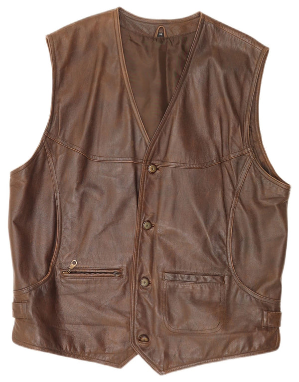 Vintage Herre Læder Gilet IT 56 3XL Brun