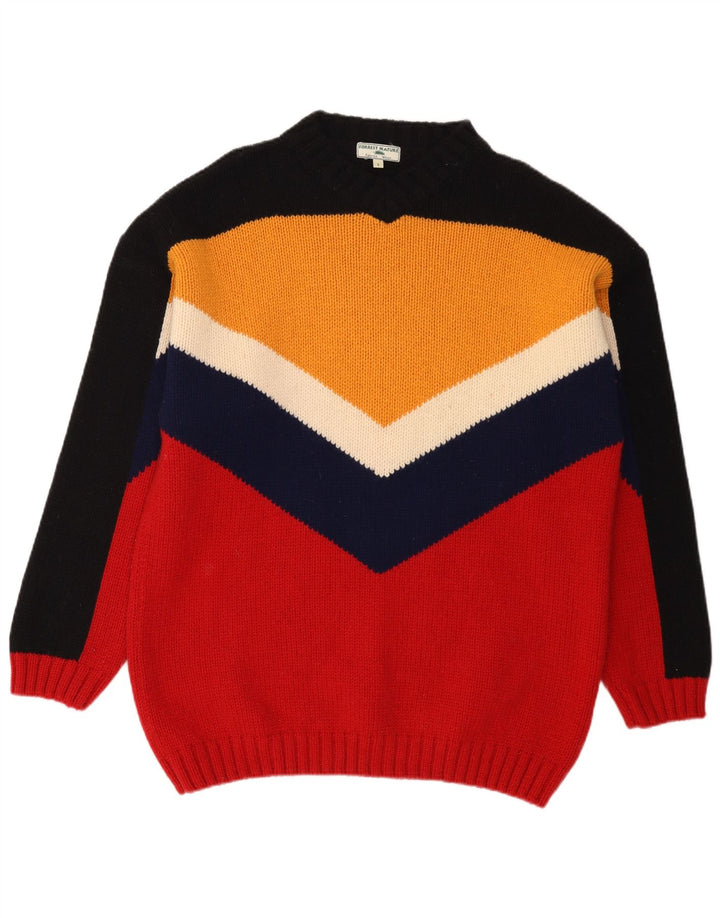 Vintage Herre V-hals sweater Stor flerfarvet Colourblock Uld