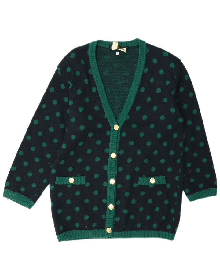 Vintage dame cardigan sweater UK 14 Medium Navy Blue Polka Dot Wool