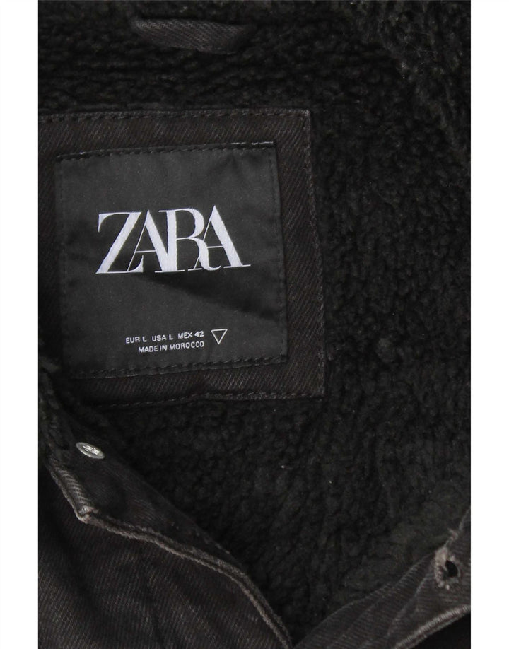 Zara Herre Denim Sherpa Jacket UK 40 Large Black Polyester