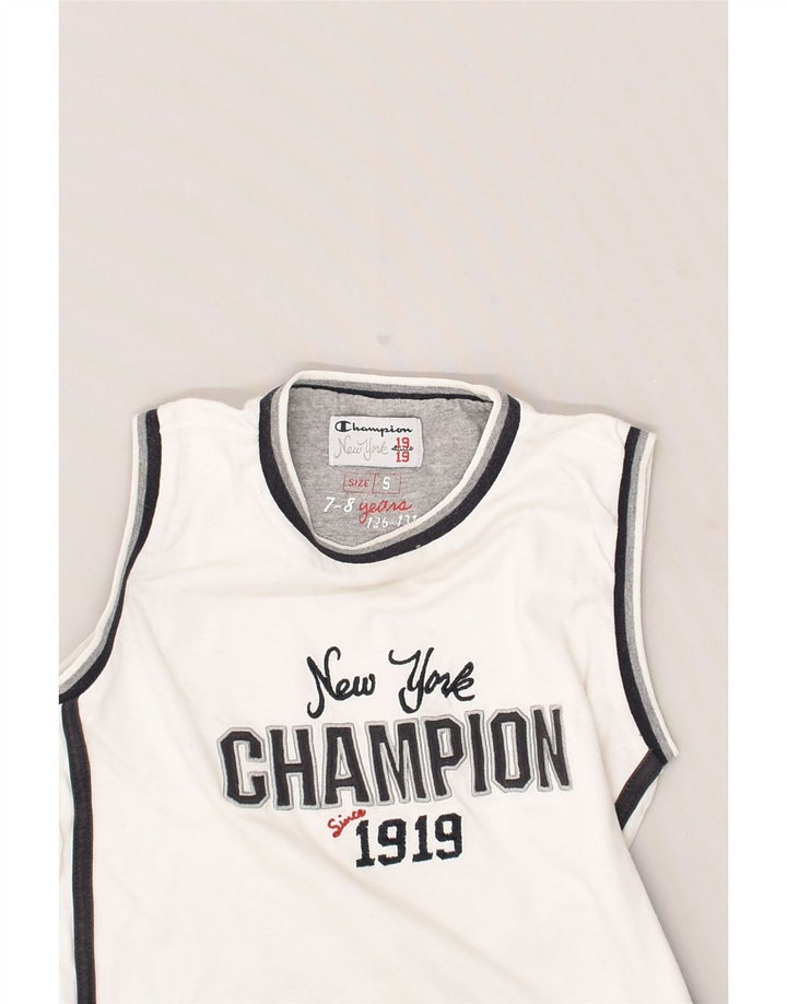 CHAMPION Boys Graphic Vest Top 7-8 Years Small White Cotton | Vintage Champion | Thrift | Second-Hand Champion | Used Clothing | Messina Hembry 