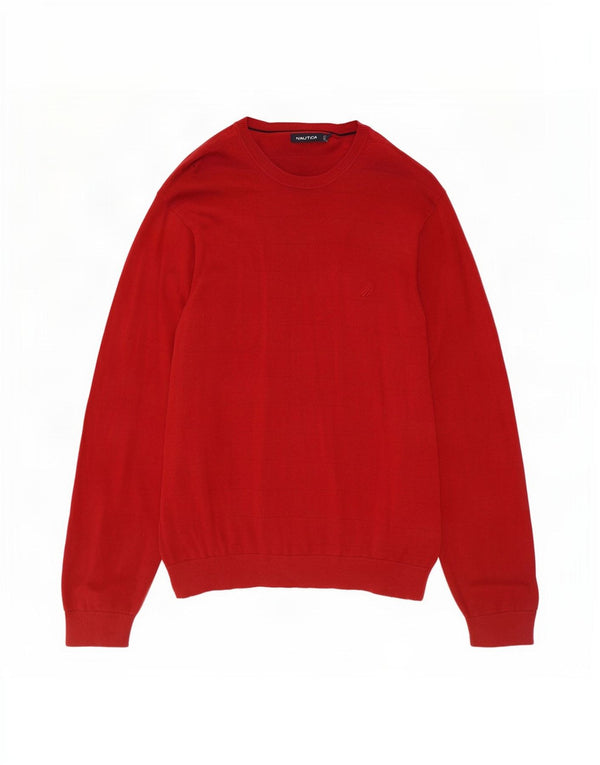 Nautica Mens Crew Neck Jumper Sweater Large Red Striped Cotton
