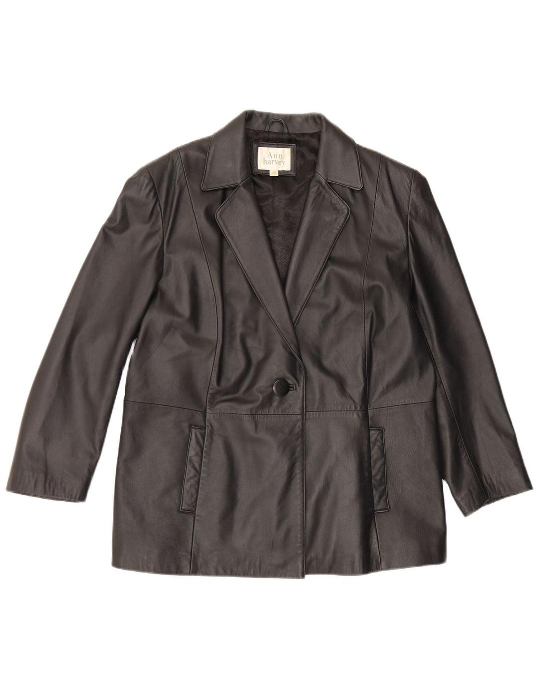 Ann Harvey Dame 1 Knap Læder Blazer Jacket UK 20 2XL Sort
